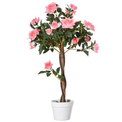 Outsunny 90cm/3FT Artificial Rose Tree Fake Decorative Plant w/ 21 Flowers Pot Indoor Outdoor Faux Decoration Home Office Décor Pink & Green