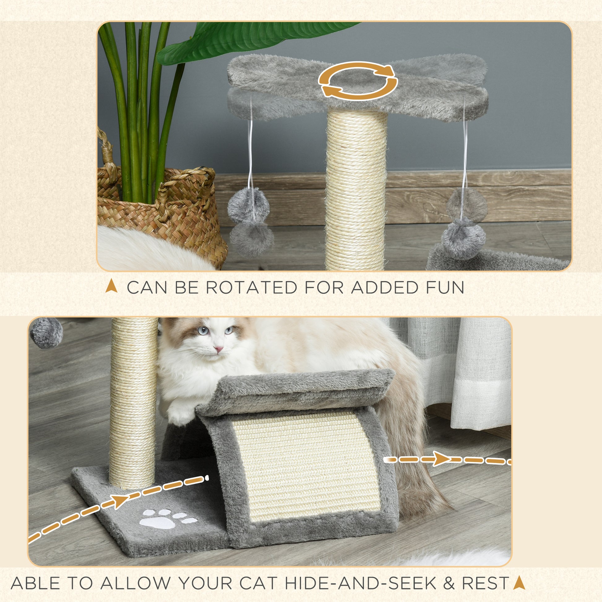 PawHut Cat Tree for Indoor Cats Scratching Post Kitten Scratcher Kitty Activity Play Center Sisal Rotatable Top Bar Tunnel Dangling Ball Light Grey