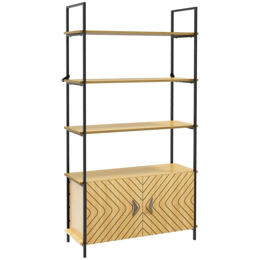 Homcom Bookcase 4-Tier Storage Shelf With Double Door Cabinet And Metal Frame For Living Room Bedroom Oak Tone