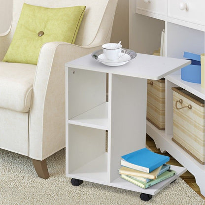 Homcom C Shape End Table Unique Storage Unit W 2 Shelves 4 Wheels Freestanding Home Office Furniture Cabinet Square Studio White