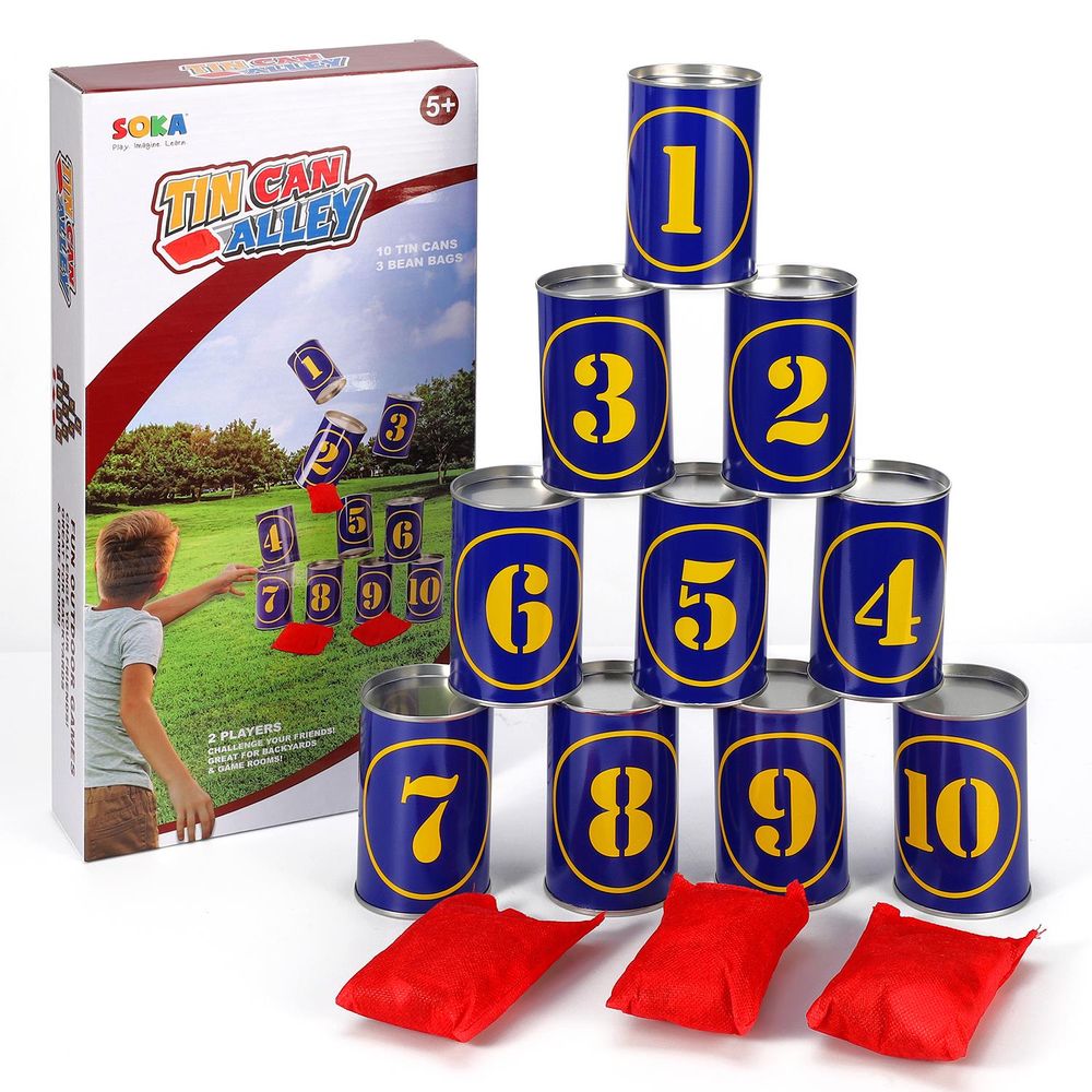 SOKA Tin Can Alley Game 10 Metal Tins & 3 Bean Bags – Indoor Outdoor Games