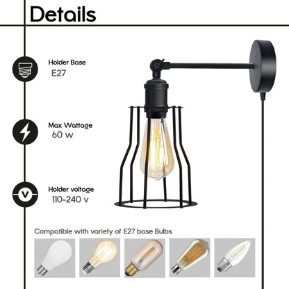 Modern Industrial Black Loft Metal Plug in wall Lamp Shade Wire Cage 4m Rapper cable with dimmer switch