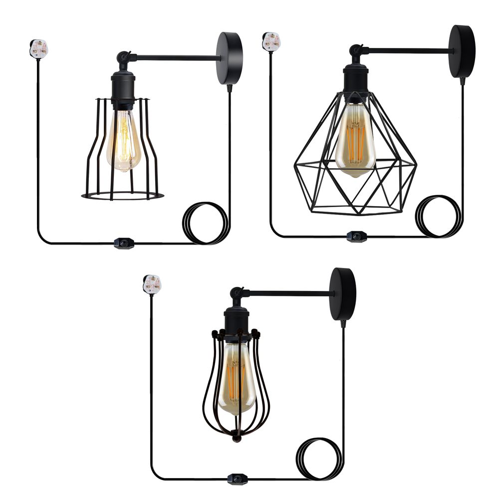 Modern Industrial Black Loft Metal Plug in wall Lamp Shade Wire Cage 4m Rapper cable with dimmer switch