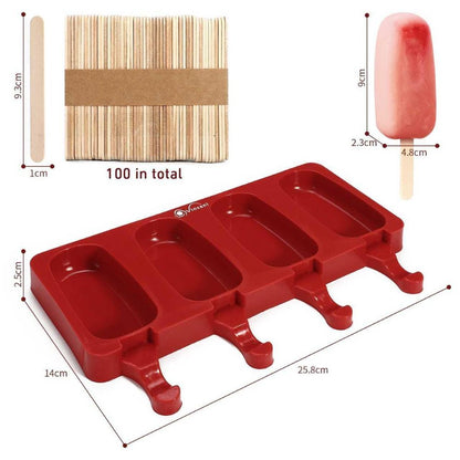 Ice Lolly Mould Silicone 2 x 4 Cavity with 100 Sticks Red