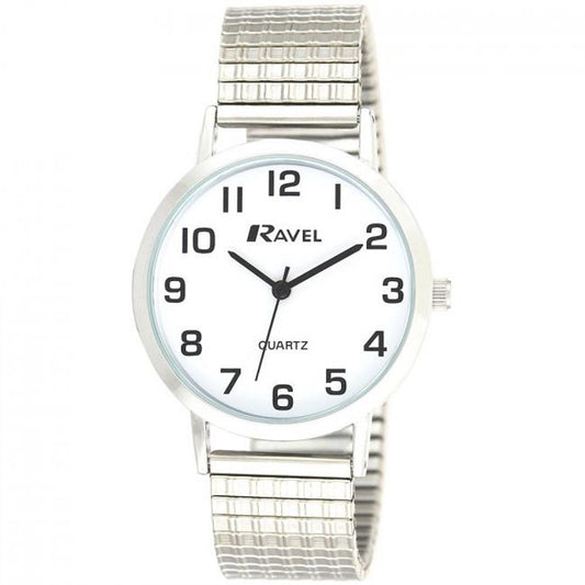 Ravel Mens Basic Classic Easy Read Silver / White Expander Bracelet Watch R0201.01.1