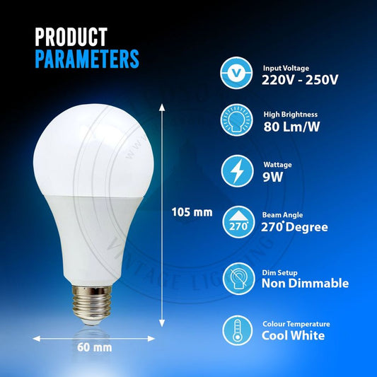 9W E27 Screw LED Light GLS bulbs, Energy Saving Edison  Cool White 6000K non dimmable lights