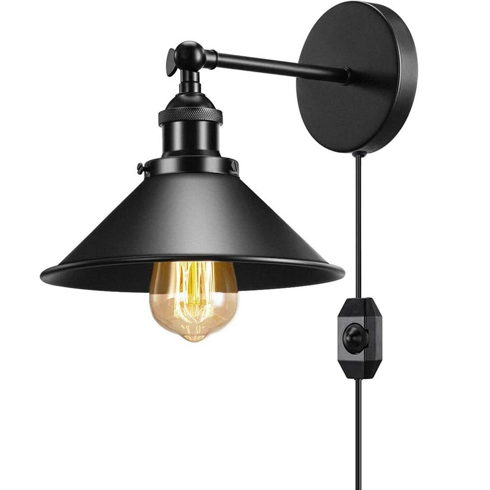 Modern Black Plugin Wall Light Fitting Cone Metal Shade Indoor Sconce Light For Home