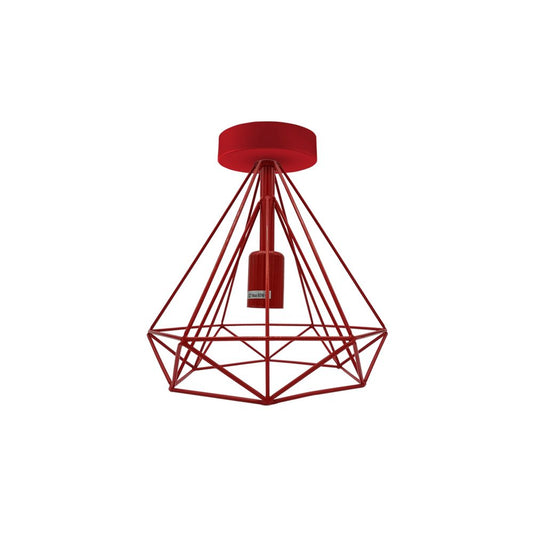 Red Vintage Semi Flush Mount Ceiling Light Fixture Metal Cage Ceiling Lampshade with E27 Holder