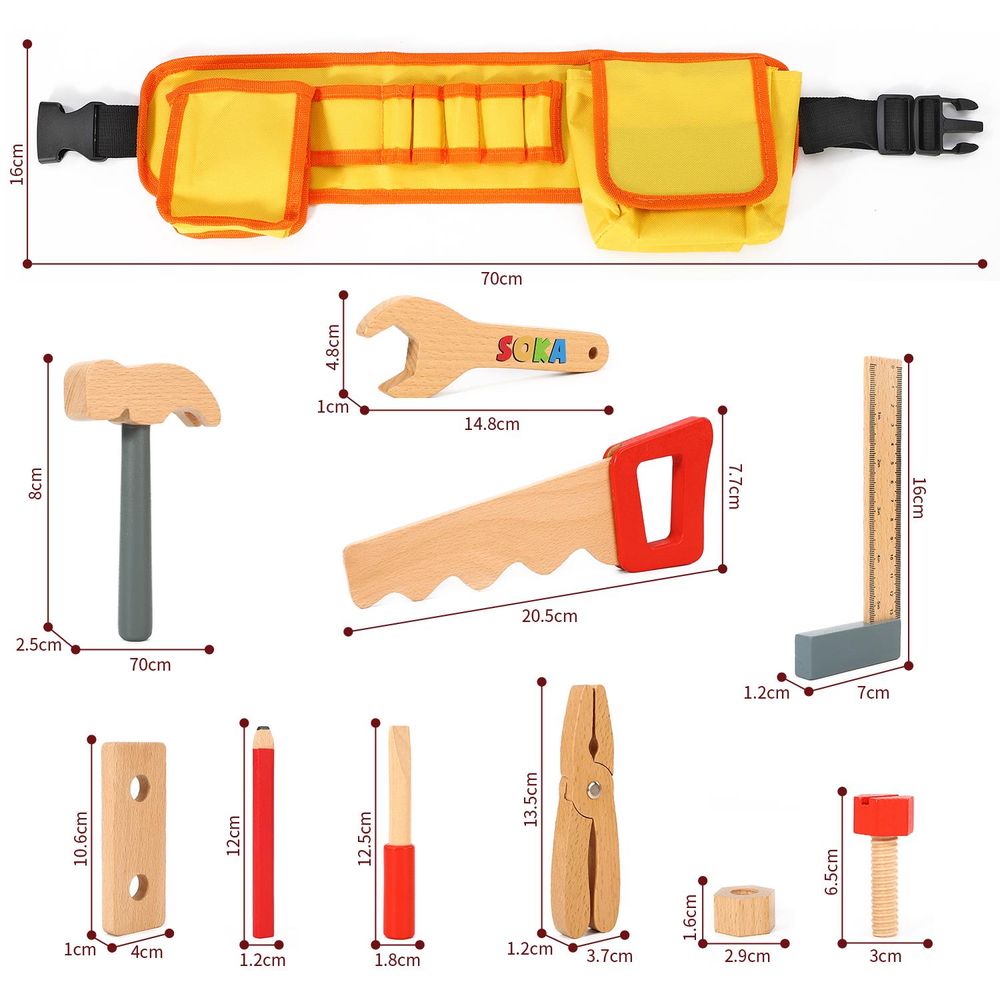 SOKA Wooden Carpenter's Tool Belt with Wooden Tools Pretend Play Builder