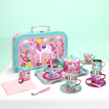 SOKA 18 Pcs Unicorn Metal Tin Kids Teapot Tea Party Set Carry Case Toy Pretend Role Play