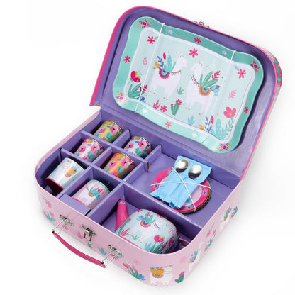 SOKA 18 Pcs Llama Metal Tin Kids Teapot Tea Party Set Carry Case Toy Pretend Role Play ‎3 years and up