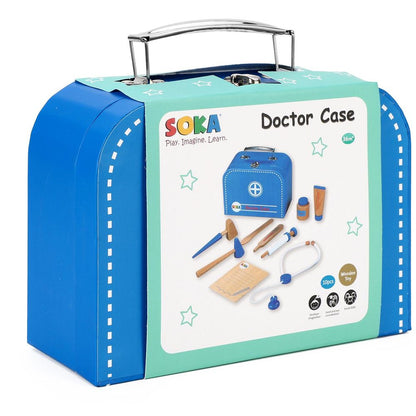 SOKA 10 pcs Wooden Doctor Set for Kids with Portable Medical Carry Case Blue