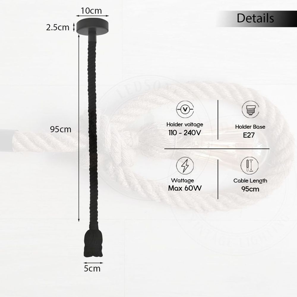 Vintage Ceiling Pendant Light 1m Black Colour Hemp Rope Hanging Lamp Lights