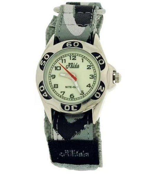 Relda Kids Nite-Glo Luminous Dial Grey Camouflage Army Easy Fasten Watch REL65