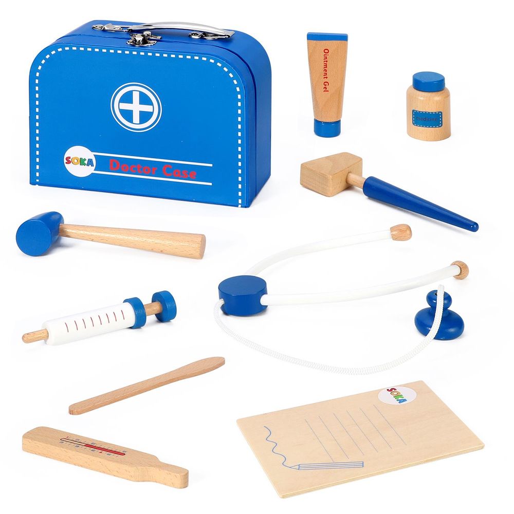 SOKA 10 pcs Wooden Doctor Set for Kids with Portable Medical Carry Case Blue