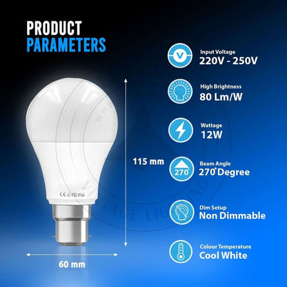12W B22 Screw LED Light GLS bulbs, Energy Saving Edison  Cool White 6000K non dimmable lights