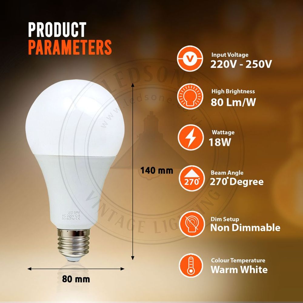 E27 18W Energy Saving Warm White LED Light Bulbs A60 E27 Screw-in non dimmable bulbs