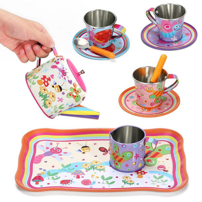 SOKA 18 Pcs Bugs Metal Tin Kids Teapot Tea Party Set Carry Case Toy Pretend Role Play