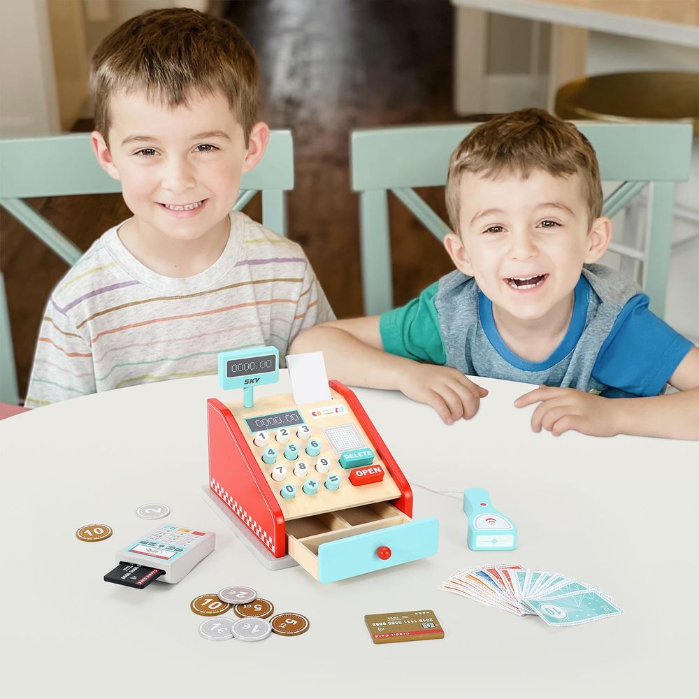 SOKA Cash Register Red and Mint Wooden Classic Cashier Role Playset for Kids 3+