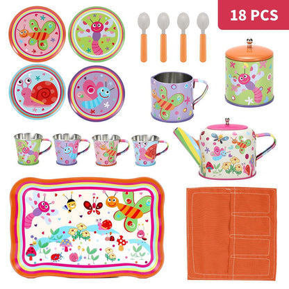 SOKA 18 Pcs Bugs Metal Tin Kids Teapot Tea Party Set Carry Case Toy Pretend Role Play