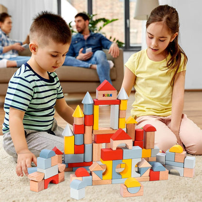 SOKA 100 pcs Wooden Building Blocks Neutral Coloured Shape Bricks Toy 12 Months+