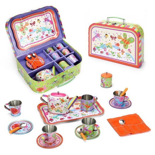 SOKA 18 Pcs Bugs Metal Tin Kids Teapot Tea Party Set Carry Case Toy Pretend Role Play