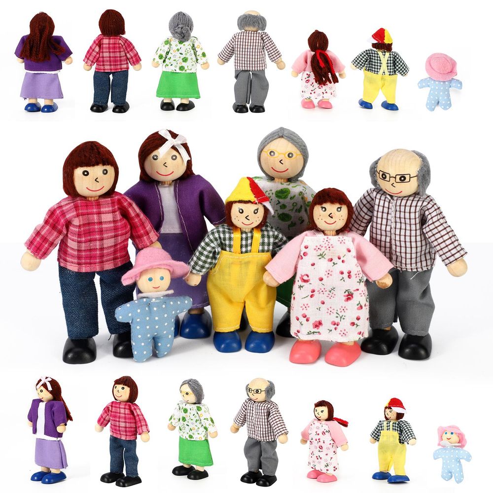 SOKA 7 Pcs Wooden Happy Family Dolls Pretend Role Play Dollhouse Toy Set 3+