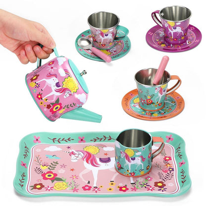 SOKA 18 Pcs Unicorn Metal Tin Kids Teapot Tea Party Set Carry Case Toy Pretend Role Play