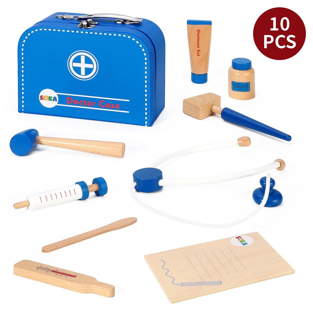 SOKA 10 pcs Wooden Doctor Set for Kids with Portable Medical Carry Case Blue