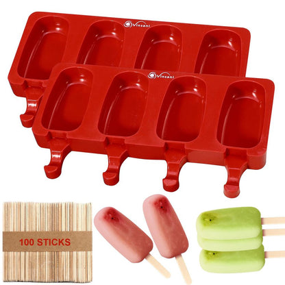 Ice Lolly Mould Silicone 2 x 4 Cavity with 100 Sticks Red