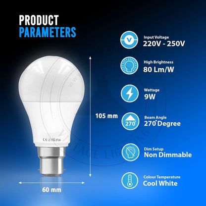 9W B22 Screw LED Light GLS bulbs, Energy Saving Edison  Cool White 6000K non dimmable lights