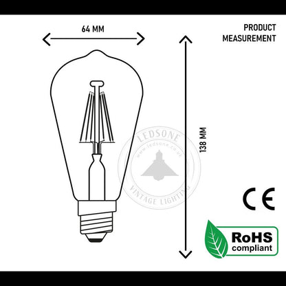 6Pack E27 LED Edison Dimmable Vintage Amber Glass Warm white 2700K Light Bulb,