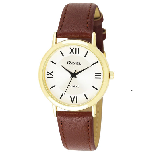 Ravel Mens Basic Roman White Dial Brown Leather Strap Watch R0105.46.1