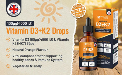 Vitamin D3 4000iu + K2 MK7 25µg Orange Liquid Drops I High Strength 30ml Bottle