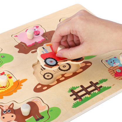 SOKA Wooden Farm Animals Peg Puzzles Toy Montessori Jigsaw Puzzle Board