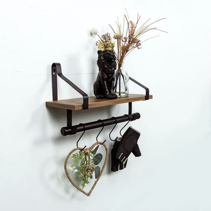 1 Tier Dark Oak Wall Shelf with Black Rail Hanging Frame - PARGI