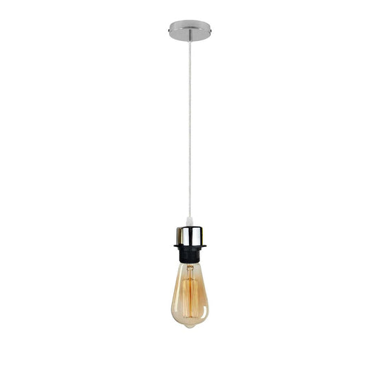 Industrial Chrome Pendant Light Fitting, Lampshade Addable E27 Lamp Holder UK Holder Fitting Set With PVC Cable.
