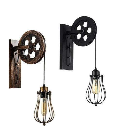 Retro Industrial Pulley Wheel Wall Light Fixture Metal Cage Indoor Light