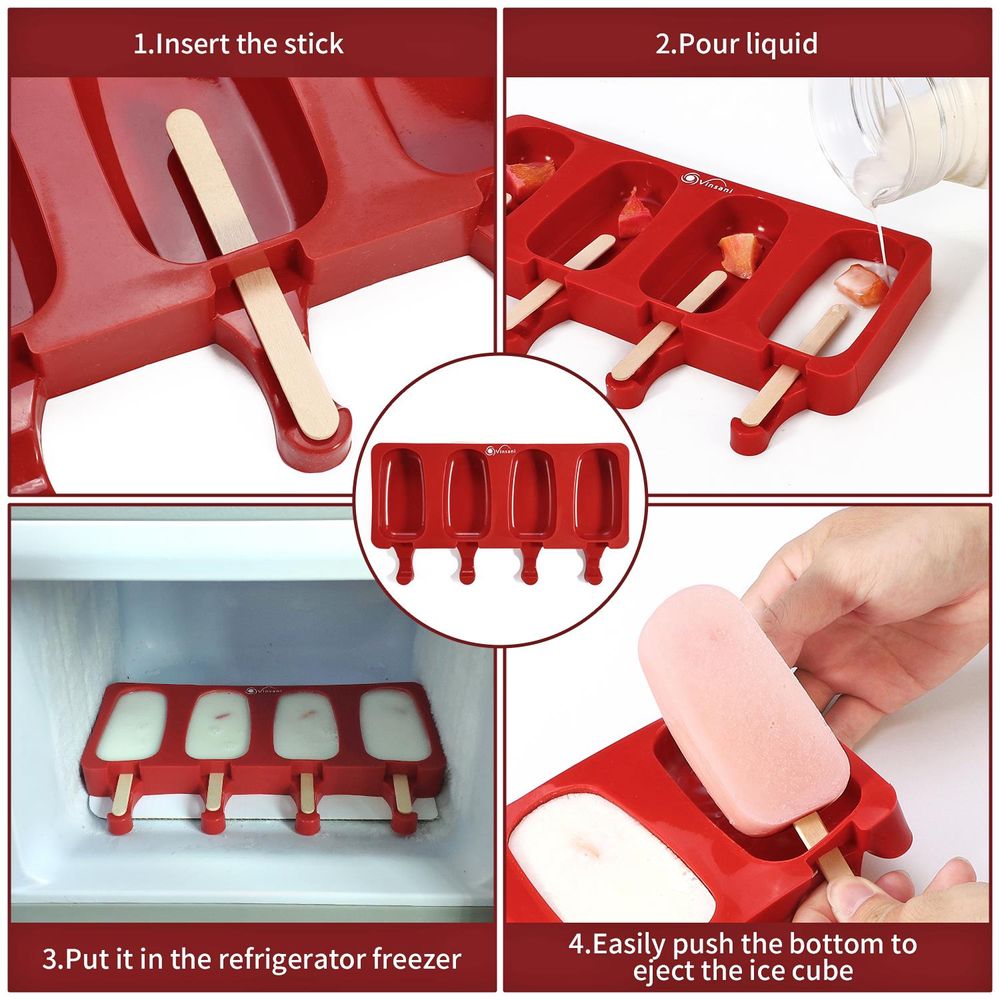 Ice Lolly Mould Silicone 2 x 4 Cavity with 100 Sticks Red