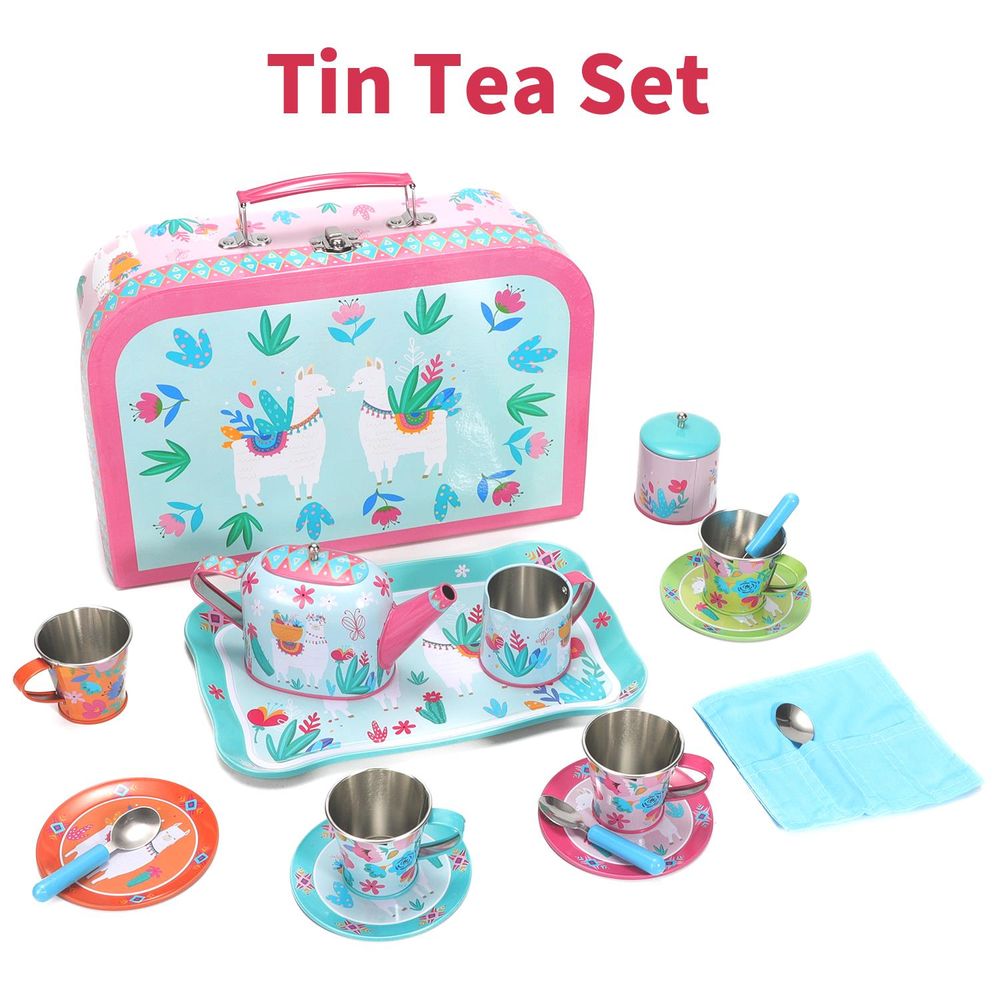 SOKA 18 Pcs Llama Metal Tin Kids Teapot Tea Party Set Carry Case Toy Pretend Role Play ‎3 years and up