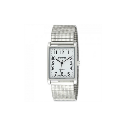 Ravel Mens Basic Classic Rectangular Silver Expander Bracelet Watch R0220.02.1