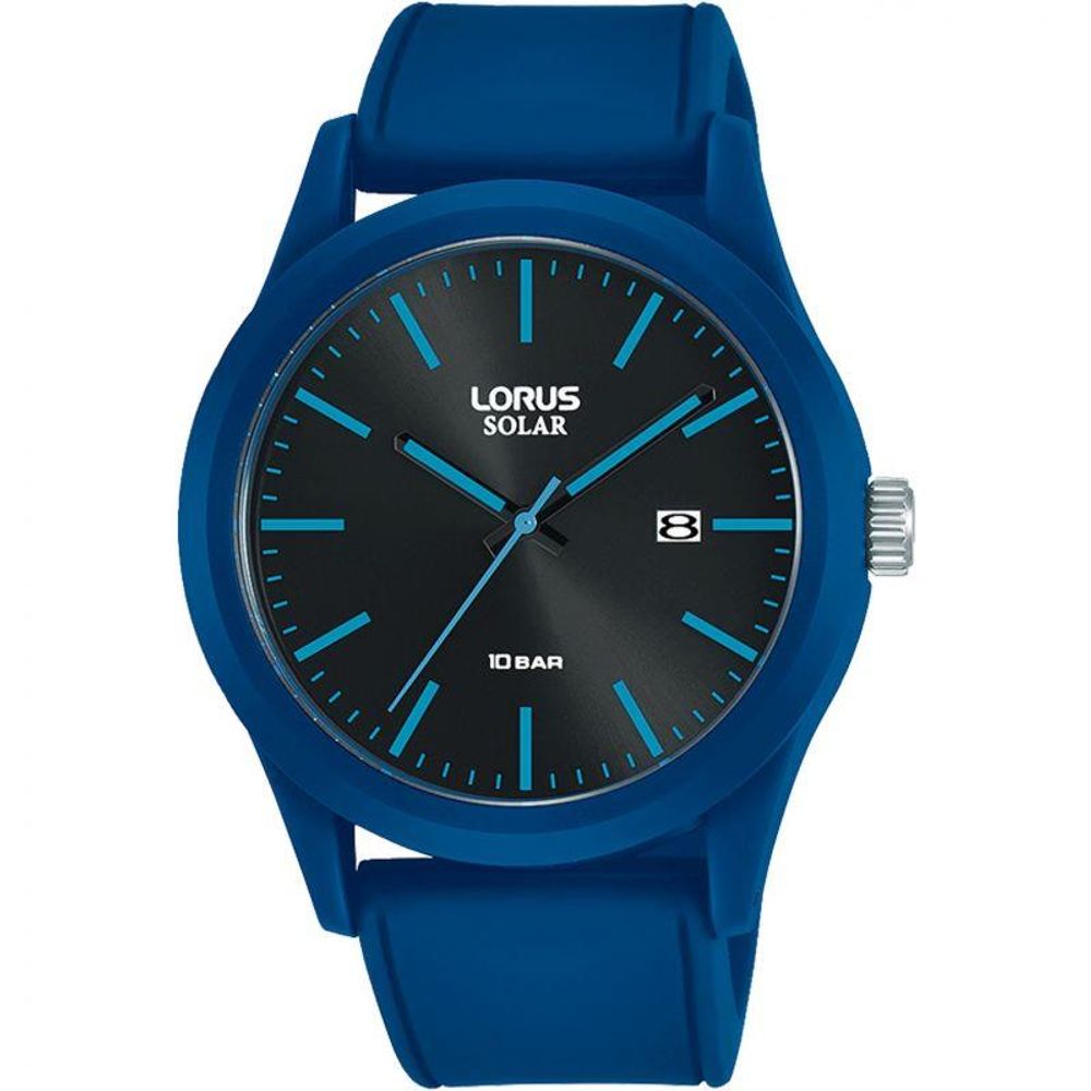 Lorus Mens Sports Solar Powered Black Dated Dial Blue Rubber Strap Watch RH305AX9