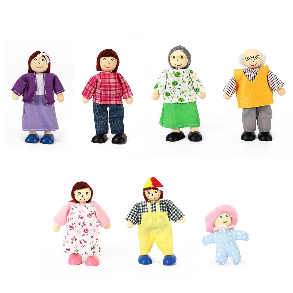 SOKA 7 Pcs Wooden Happy Family Dolls Pretend Role Play Dollhouse Toy Set 3+