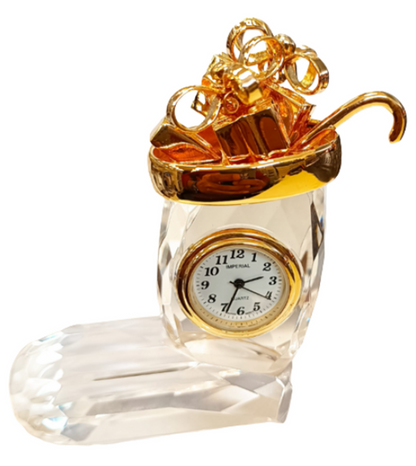 Miniature Clock Crystal Glass Christmas Stocking Gold Plated Metal Solid Brass IMP516 - CLEARANCE NEEDS RE-BATTERY