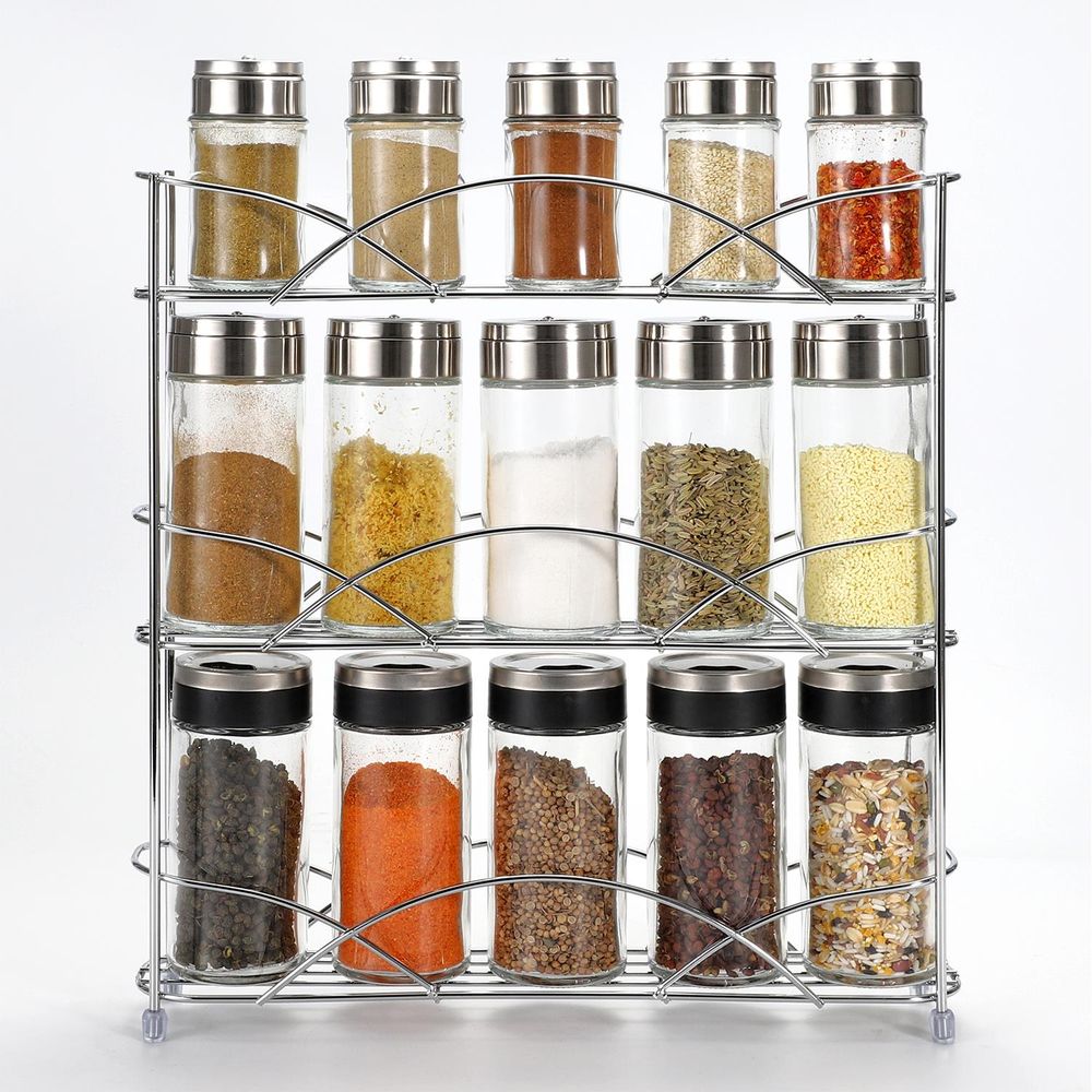 Spice Rack 3 Tiers - Kitchen Shelf Organiser for Jars Bottles Space Saving Storage