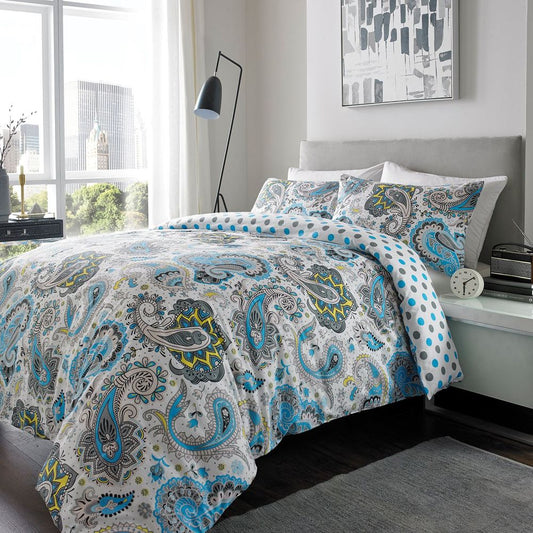 100% Brushed Cotton Duvet Set Paisley DOUBLE  BLUE GREY