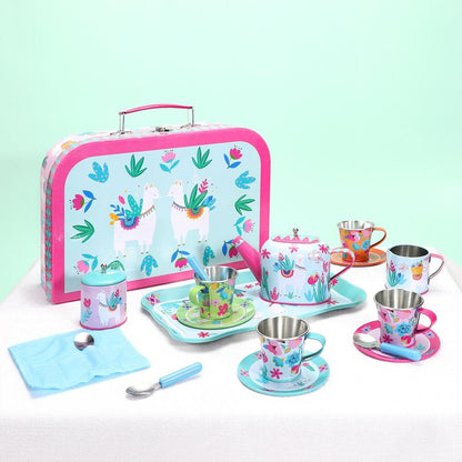 SOKA 18 Pcs Llama Metal Tin Kids Teapot Tea Party Set Carry Case Toy Pretend Role Play ‎3 years and up