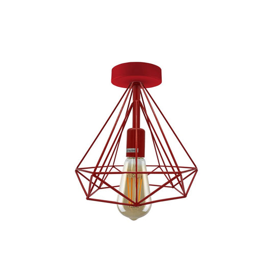 Red Vintage Semi Flush Mount Ceiling Light Fixture Metal Cage Ceiling Lampshade with E27 Holder