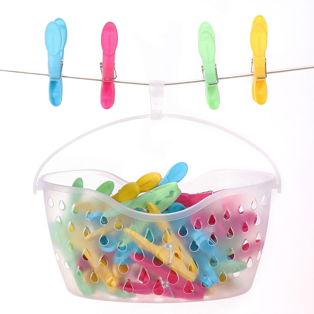 Plastic Clothes Peg Basket 36 Piece Set Multicoloured - Strong Grip