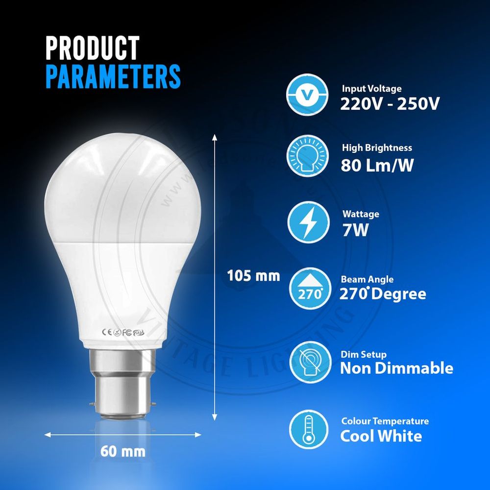 7W B22 Screw LED Light GLS bulbs, Energy Saving Edison  Cool White 6000K non dimmable lights